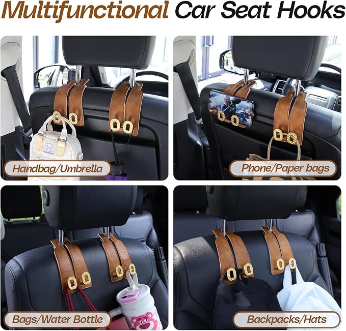 Car Headrest Hooks Universal Car Purse Hook Premium Leather and Alloy Twin Hook Car Seat Back Storage Hanger Hook for Purse Bags Cloth Drink Durable Holder Car Accessories (BH09-Brown-Gold-4 Pcs)