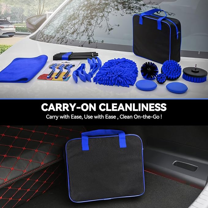 Car Detailing Kit, 19PCS Car Detailing Brush Set for Interior Exterior Wheels, Professional Car Care Cleaning Wash Kit with Duster for Air Vent, Car Accessories (Blue)