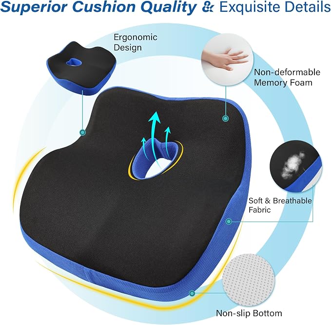 Car Seat Cushion for Driving, Car Seat Pillow for Short Drivers | Ergonomic Memory Foam Seat Cushion for Pain Relief, Adult Booster Seat for Car, Butt Cushion for Car, Truck, Office, Blue