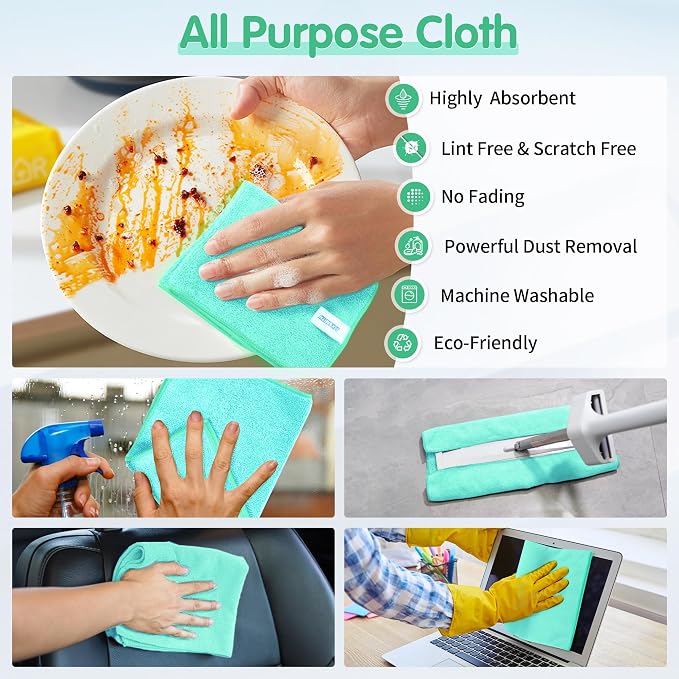 Turquoise Microfiber Cleaning Cloth -Pack of 8, Highly Absorbent Cleaning Rags, 16"X12" All Purpose Cleaning Towels for Housekeeping, Kitchen, Car, Lint Free and Reusable Microfiber Towels
