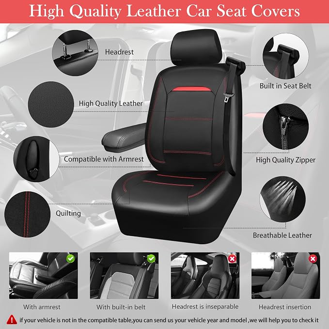 Leather Car Seat Cover Full Set with Steering Wheel Cover and 2PCS Seat Belt Shoulder Pads,for Trucks and SUV with Built-in Seatbelts and Front Seat Side Armrests(Combo Set, Black and Red)