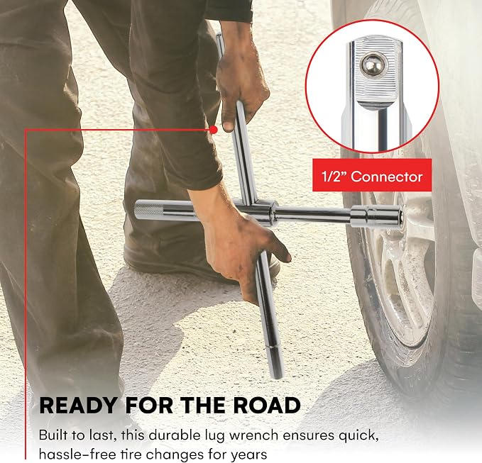 23 inch 4 Way Lug Wrench - Universal Telescopic Tire Removal Tool for Car and Truck - Portable Heavy Duty Tire Changing Tool for 19 mm and 21 mm Nuts - Durable Silver Aluminum Alloy