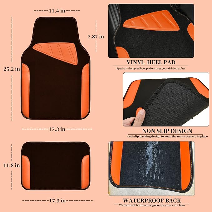 Waterproof Universal Fit Car Floor Mats, Faux Leather Car Carpet Mats,Car Mats with Anti-Slip Nibbs Backing & Driver Heel Pad Fit for SUV,Vans,sedans, Trucks,Set of 4pcs (Orange)