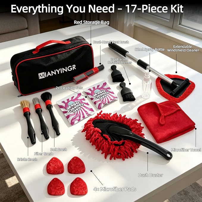 Windshield Cleaner Tool, 17Pcs Red Car Interior Detailing Kit – Stay in Seat, Inside & Out Streak-Free Clean, with Extendable Handle, Cleaning Gels & Brushes for Daily Cleaning, Pet Hair