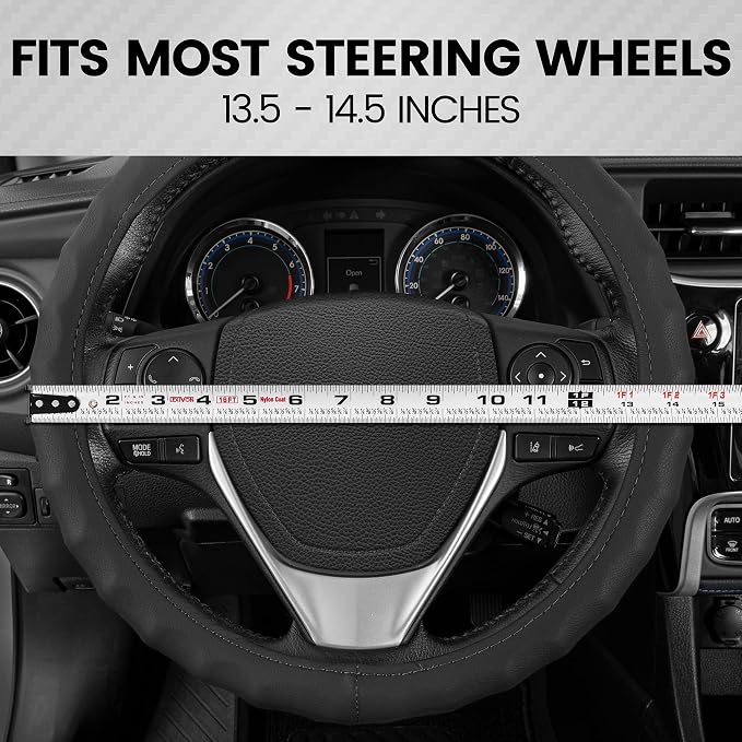 Genuine Black Leather Steering Wheel Cover for Car, Small (13.5" - 14.5") – Ergonomic Comfort Grip for Men & Women, Car Steering Wheel Cover for Vehicles with Small Steering Wheels