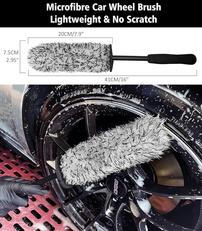 5PCS Pro Wheel Detailing Kit | 360° Bendable Rim Cleaner Brush, Premium Boar Hair Brush & Tire Shine Applicator | Microfiber Scratch-Free Wheel and Tire Brush Set for Cleaning Wheels,Tires