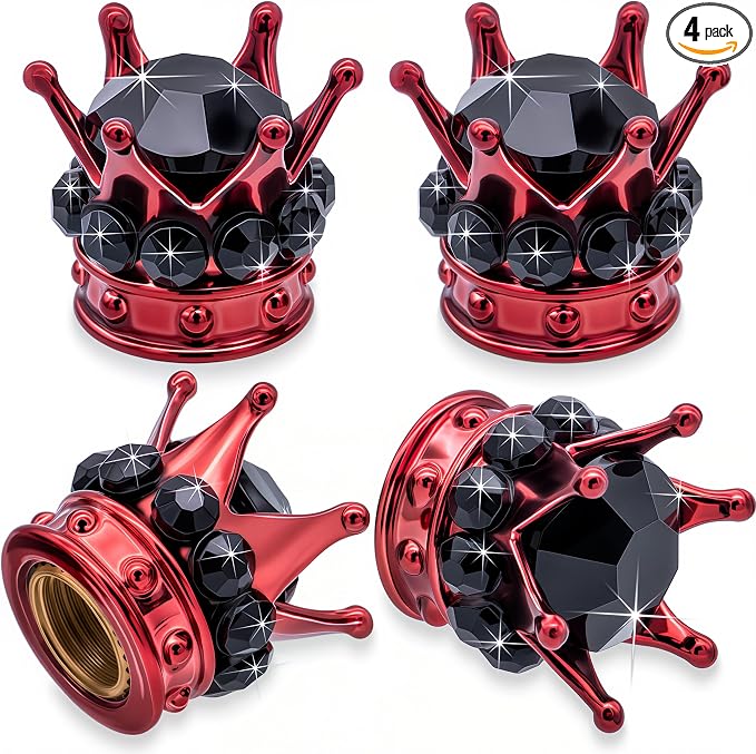 4PCS Crown Bling Tire Stem Valve Caps, Crystal Diamond Car Wheel Tire Valve Caps Universal Copper Core Stem Covers for Cars, SUV, Trucks, Bikes, Motorcycles, Bicycles (Red & Black)