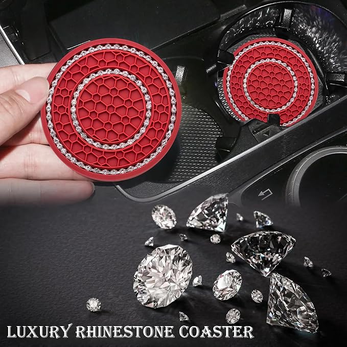 2PCS Bling Crystal Rhinestone Cup Coaster Insert, 2.75 inch Soft Silicone Anti-Slip Shockproof, Car Drink Holder Coaster, Universal Car Interior Accessories for Women (Red & White)