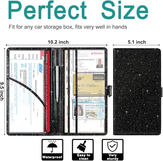 Car Registration and Insurance Holder, Vehicle Glove Box Organizer Cool Car Accessories, Auto Truck Document Holder for Cards, Driver License, Black Glitter