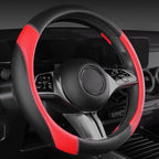 Faux Leather Steering Wheel Cover and Waterproof Car Floor Mats,Universal Car Combo Fit for 95% Sedan,SUV,Cars,14.5-15inch Sporty Anti-Slip Safety Comfortable Design(Black＆Red)
