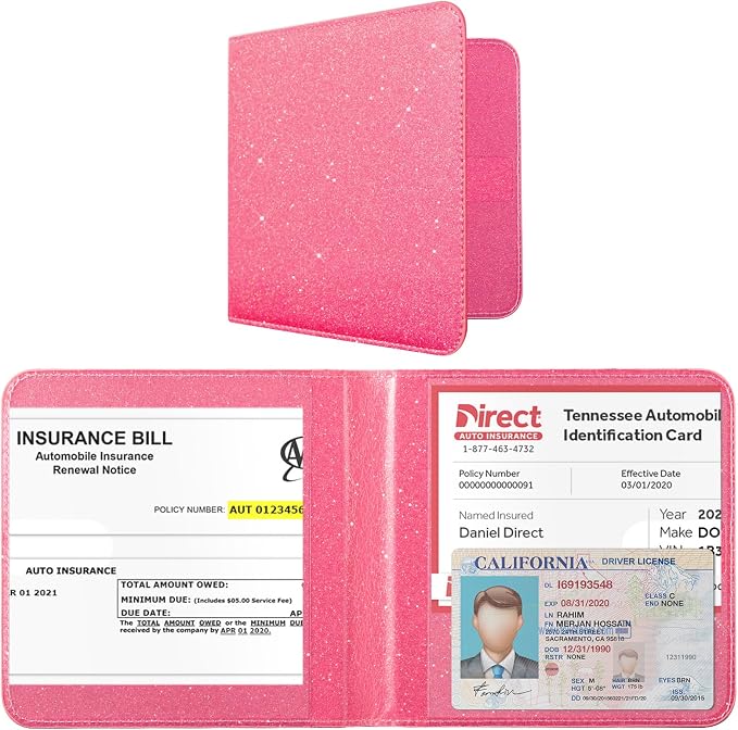 CoBak Car Registration and Insurance Holder - Small and Lightweight Vehicle Glove Box Car Organizer, Auto Truck Comparment Accessories Case for Essential Document, Driver License (Glitter Rosy)