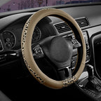 Steering Wheel Cover - Flat Bottom Wheel Cover Made with PVC Leather and Leopard Fabric - Universal Fit for 15-Inch D-Shaped Automotive Steering Wheels (Beige Color)