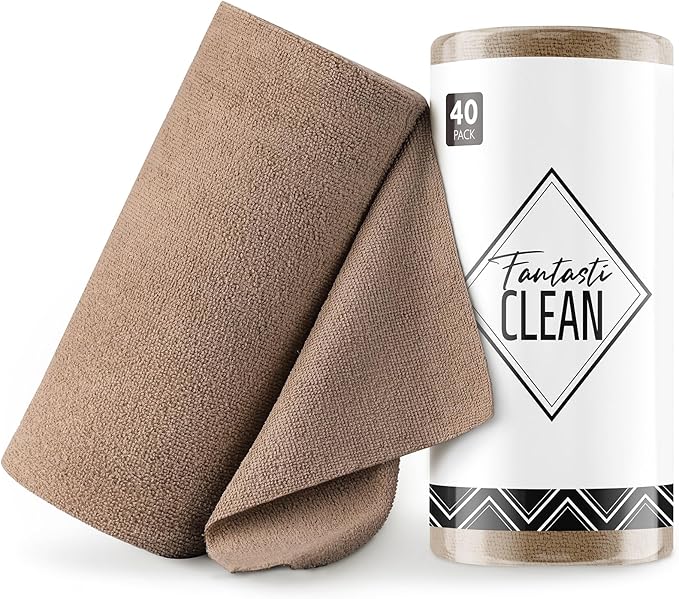 Microfiber Cleaning Cloth Roll -40 Pack, Tear Away Microfiber Towels, 12" x 12", Reusable, Washable, Scratch Free, Ultra Absorbent for All-Around Cleaning Supplies (TAN)