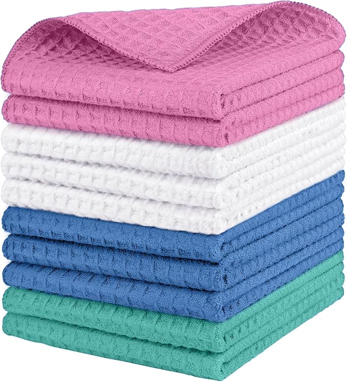 Waffle Weave Microfiber Towel, 10 Pack Lint Free Cleaning Rags, 12 x 12 Inches Barista Towels, Reusable Microfiber Cleaning Cloth for Household, Kitchen, Glass and Window, Multicolor