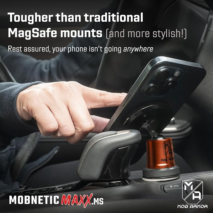 MobNetic Maxx MS - MagSafe Compatible Car Phone Mount w/ 90º Tilt, 360º Rotation & Durable Aluminum Build, Magnetic Holder for iPhone & Android Devices, USA Assembled - Orange Chrome
