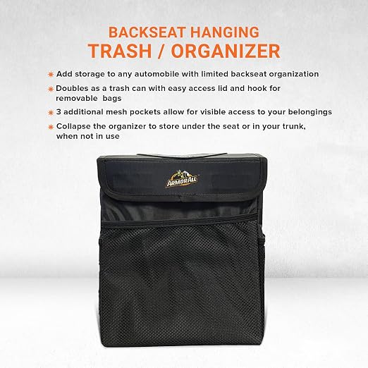 Car Trash Can & Organizer, 2.63 Gallon Waterproof Covered Garbage Bin, 3 Mesh Pockets, Collapsible for Easy Storage, Adjustable Strap & Hook for Backseat Hanging, 9.5” L x 6.25” D x 10.25” H