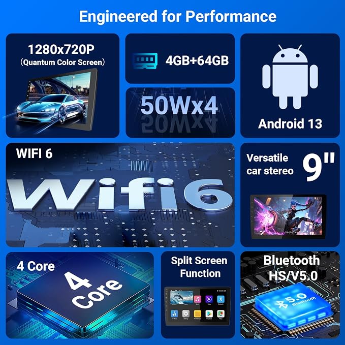 9 Inch Android Car Stereo Double Din, Wireless CarPlay & Android Auto, Universal Touch Screen Car Stereo with WiFi 6, Bluetooth, GPS, Backup Camera, 4+64GB, FM/AM Radio