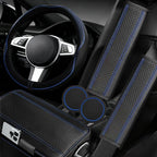 6 PCS Car Steering Wheel Cover Set, Microfiber Leather Steering Wheel Covers Universal 14.5-15 inch, Center Console Cover, Seat Belt Cushion, Cup Holder Coaster, Car Accessories Set Blue