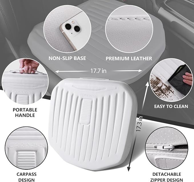 Nappa Leather Car Seat Cushion, Comfort Memory Foam, White | Waterproof, Non-Slip, Hand-held, Driver Seat Cushion for Long Driving, Fits Cars, Trucks, SUVs, Office Chairs, Wheelchair