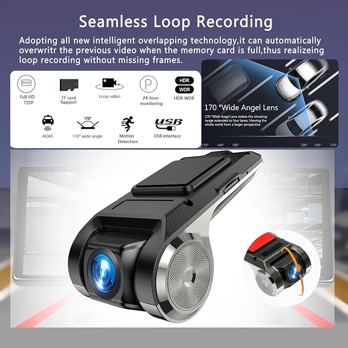 USB Car DVR Camera Video Recorder, USB Dash Cam, WDR Full HD Dash Camera Car Driving Recorder with 64GB Micro SD Card, Wide Angle, Loop Recording Night Vision ADAS 24Hours Monitor