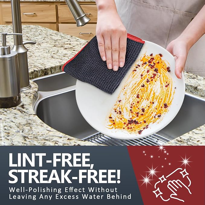 Airlab Glass Polishing Cloth Streak Free Miracle Cleaning Cloth Lint Free Microfiber Cleaning Rags for Glasses Kitchen Dish Mirrors Easy Clean, Pack of 6,12 x 12 Inches, Grey-red