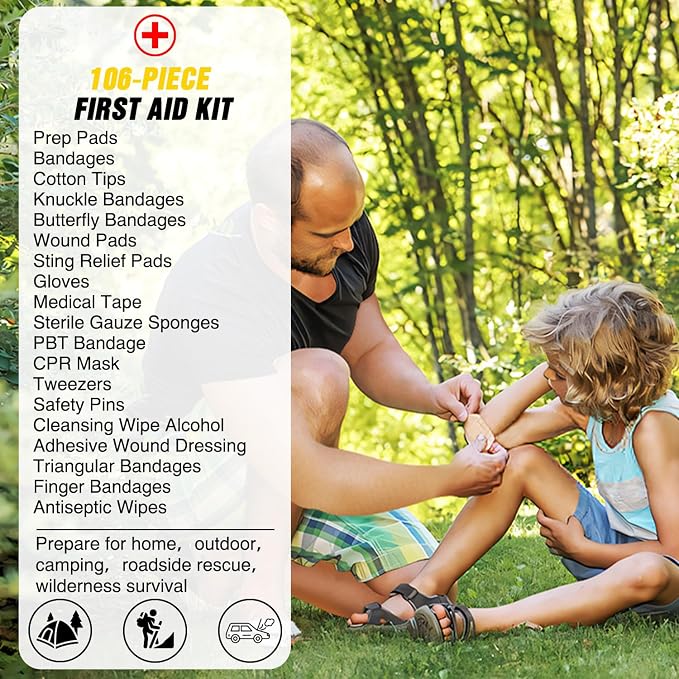Car Emergency Kit with Jumper Cable, First Aid Kit Safety Assistance Tools for Travel Camping Outdoor Cars Truck SUV RV, Roadside Essentials with Flash Light