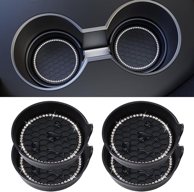 Car Cup Coaster Universal Non-Slip Cup Holders Bling Crystal Rhinestone Car Interior Accessories 4 Pack Black