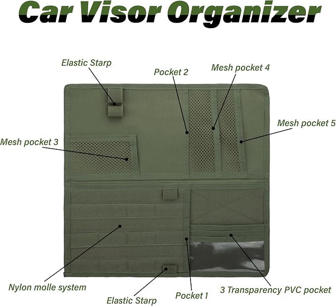 Tactical Visor Organizer, Car Visor Organizer, Sunvisor Organizers, Tactical Visors Cover Molle Webbing, Truck Accessories for Men, Car Sunshade Storage Pouch (Dark Green)