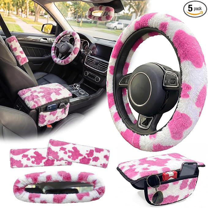 5 Pcs Fuzzy Cow Print Car Accessories Set, Soft Fluffy Plush Steering Wheel Cover, Center Console Armrest Pad & Rearview Mirror Cover - Interior Decorations for Women,Universal Fit (Pink Cow)