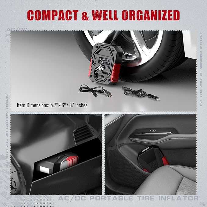 Tire Inflator Portable Air Compressor AC/DC, Automatic Tire Inflator with Gauge, 12V, 110V Small Air Compressor, Portable Air pump for Car Tires, Bikes, Motorcycles, Small inflatables