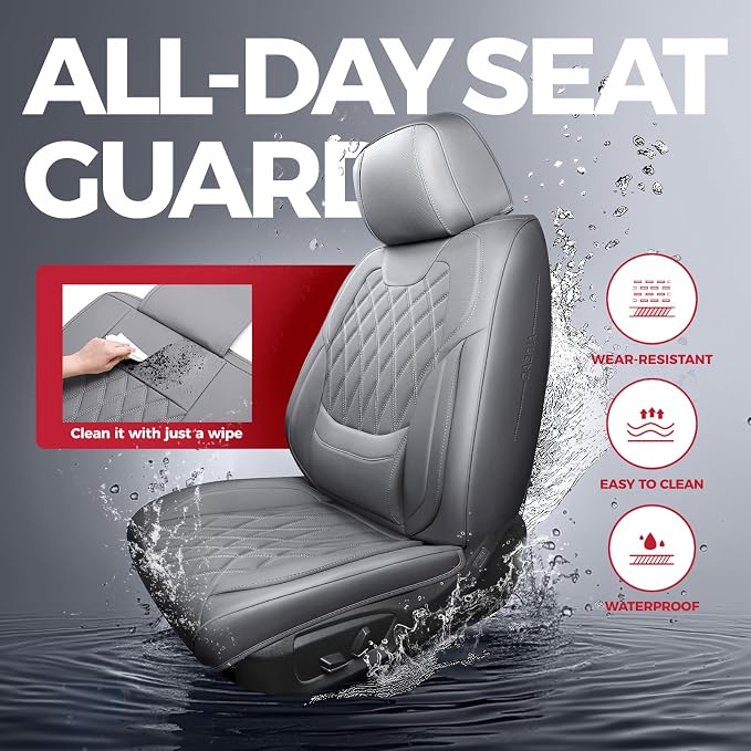 Front Car Seat Covers - Luxury Breathable Waterproof Faux Leather Car Seat Cushion Protectors with Lumbar Support, Universal Fit for Most 5 Seats Vehicles, Sedans, Hatchbacks, and Trucks, Gray