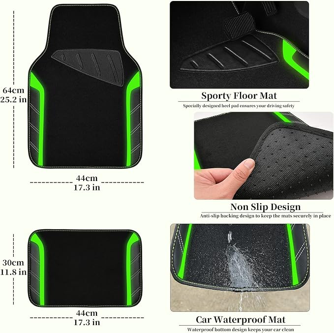 Leather Steering Wheel Cover and Waterproof Car Floor Mats,Microfiber Universal Car Combo Fit for 95% Sedan,SUV,Cars,14.5-15inch Sporty Anti-Slip Comfortable Design(Black＆Fluorescence Green)