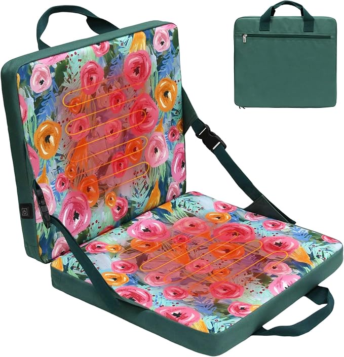 Heated Stadium Seats with Backrest Foldable(No Power Bank), Cushion Pad Portable, Thick Padded with Handle, Ideal for Camping Sporting Events Concerts (Green Floral)