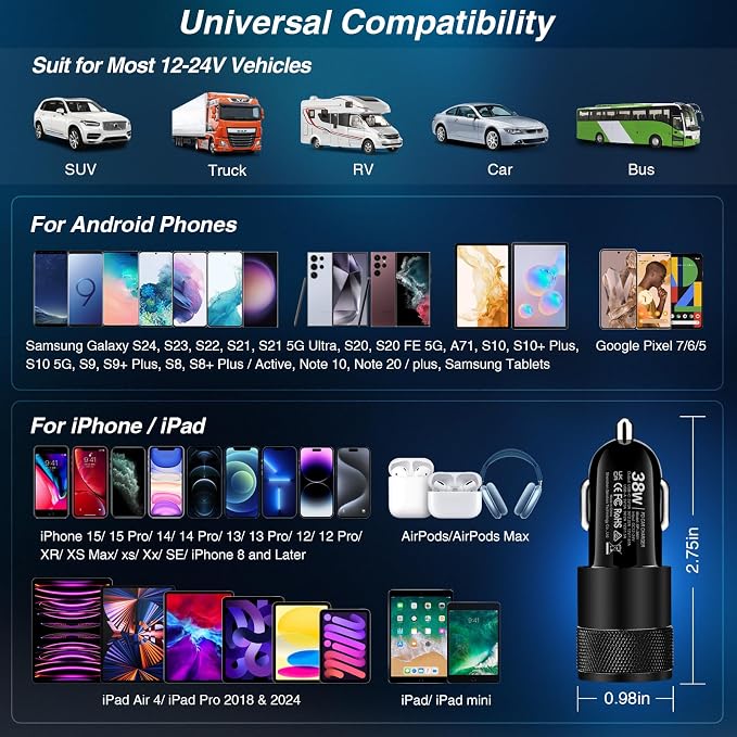 USB C Car Charger, 5 Pack 38W Dual Ports USB-C & USB-A Cigarette Lighter Adapter Fast Charging Car Phone Charger for iPhone 17 Pro Max 16 16e 15 14, Samsung S24, Pixel Cargador para Carro Phone Plug