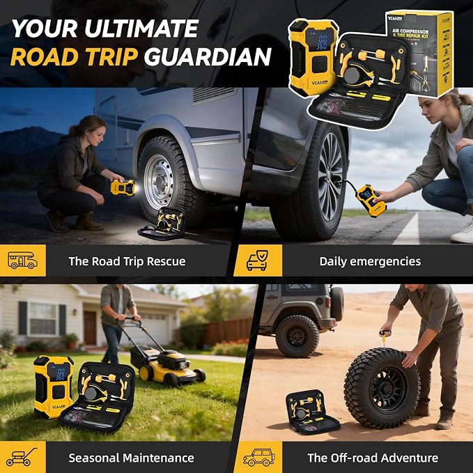 Flat Tire Repair Kit with Air Compressor, 150PSI Portable Air Pump with Auto-Stop & LED, Heavy Duty Tire Plug Kit for Car, SUV, Truck, Jeep, Motorcycle, Roadside Emergency Assistance (YELLOW)