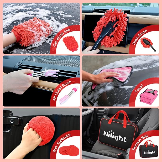 27PCS Car Detailing Kit Auto Cleaning Tools Wash Set with Storage Carry Bag Home Use for Interior Exterior Deep Clean Polish Car Care Windshield Dashboard Seat Air Vents Wheels Tires, Red