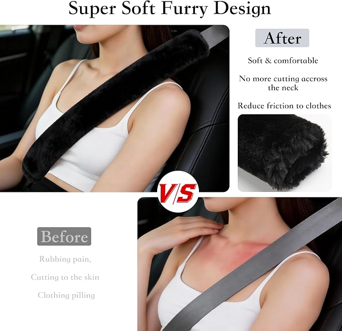 Soft Faux Fur Universal Fit Seatbelt Cover Car Truck SUV Airplane Seat Belt Shoulder Pad for Carmera Backpack Straps Neck Cushion Protector Extra Long 25.6in Black