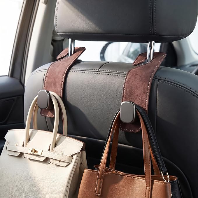 Purse Hook for Car Seat Headrest, Suede Car Purse Hook, Heavy Duty Car Hook Organizer for Handbags, Grocery Bags & Backpacks, Universal Car Hooks for SUV Truck Interior(Brown,2pcs)