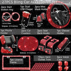 27 PCs Red Bling Car Accessories Set for Women, Steering Wheel Covers Universal Fit 15 Inch, Bling License Plate Frame, Bling Phone Holder, Bling Car Coasters (Red Diamond)