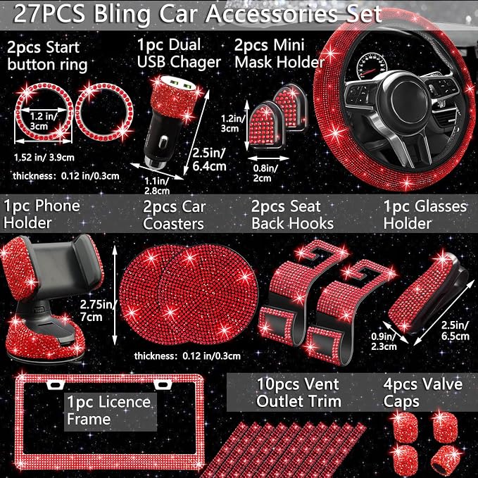 27 PCs Red Bling Car Accessories Set for Women, Steering Wheel Covers Universal Fit 15 Inch, Bling License Plate Frame, Bling Phone Holder, Bling Car Coasters (Red Diamond)