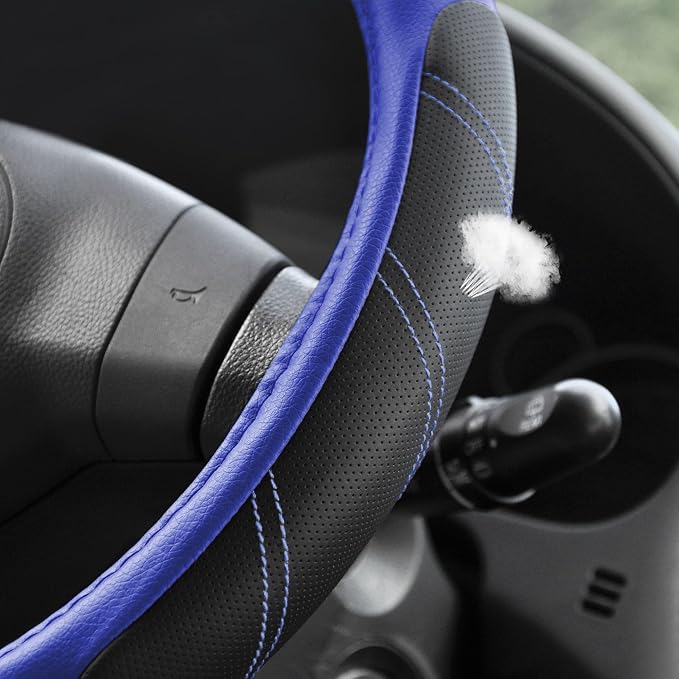 Steering Wheel Cover Leather 14 1/2 to 15 inch Universal Padded Soft Grip Breathable for Car Truck SUV Jeep Anti Slip Blue and Black