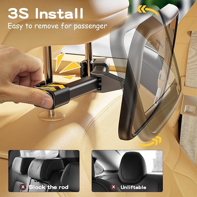 Baby Car Mirror for Baby, Stays Stable Hook Clip (No Strap), Baby Mirror for Car Seat Mirror Rear Facing, Easy Install, Back Seat Mirrors for Car, ShatterProof & Crash Tested Baby Shower Gifts