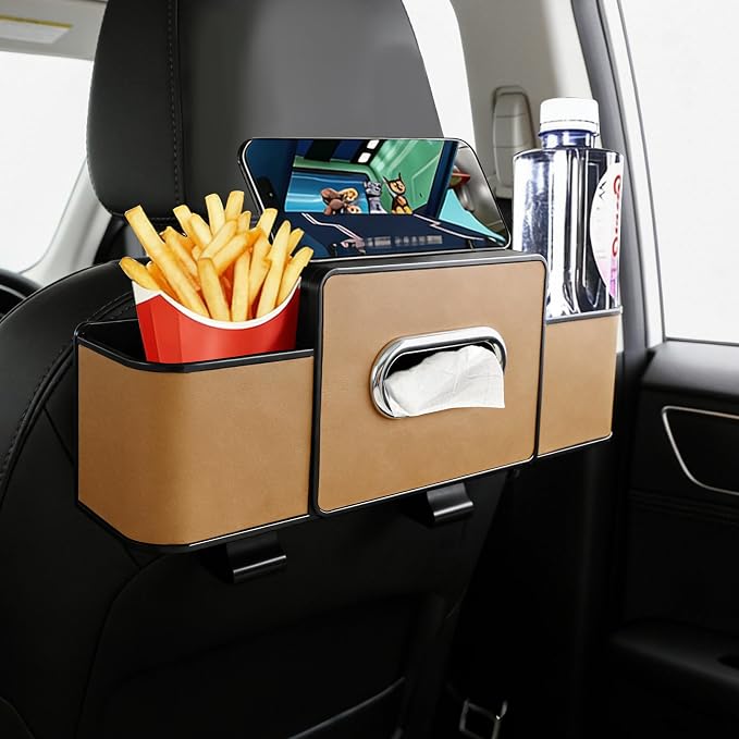 Back Seat Car Organizer, 4+2 in 1 Multifunctional Car Backseat Storage Box with 3 Cup Holders Tissue Box Hook, Car Interior Storage for Travel Phones Snacks Drinks(Brown)
