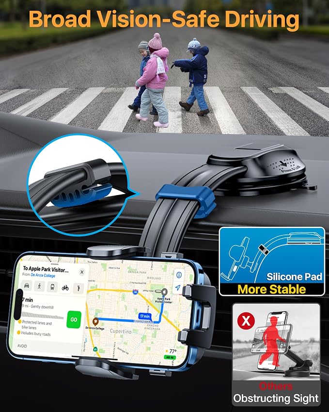 HTU Upgraded Strongest Suction Car Phone Holder Bendable Arm, Never Block View Rotatable Cellphone Mount for Dashboard Windshield Vent, Cradle Stand for iPhone 17 16 15 14 13 12 Pro Max (Light Blue)