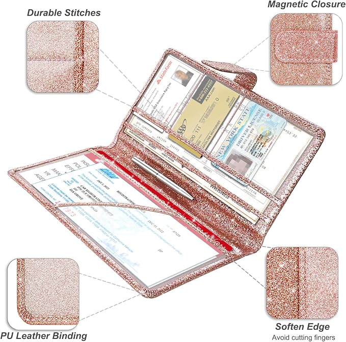 Car Registration & Insurance Holder, Vehicle Glove Box Organizer, Cool Accessories for ID, Driver License Cards & Essential Documents, Glitter Rose Gold