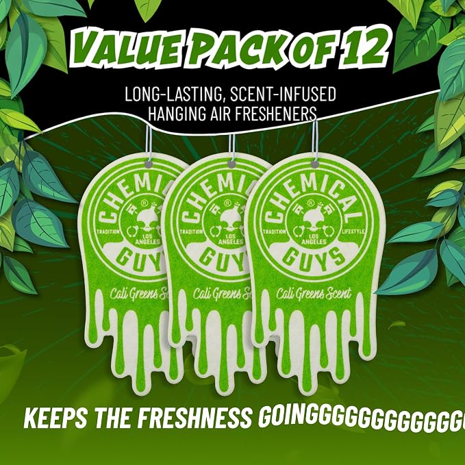 Hanging Car Air Freshener 12-Pack, Cali Greens Premium Fresh Floral & Refreshing Green Fragrance, Rearview Mirror Paper Fresheners for Cars, Trucks, SUVs, RVs & Boats
