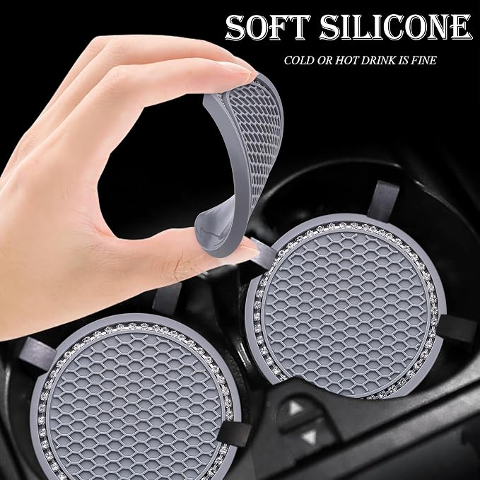 2PCS Bling Cup Holder Coaster, 2.75 Inch Auto Car Cup Holder Insert Coasters, Soft Silicone Anti-Slip Shockproof, Universal Vehicle Interior Accessories for Women Girls (Gray & White)