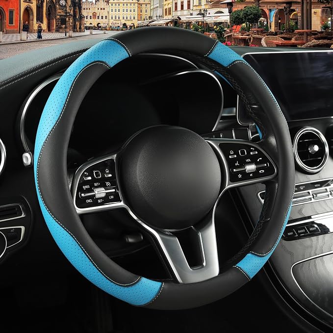Black Blue Microfiber Leather Steering Wheel Cover 15 inch | Breathable Anti Slip Grip Cool Sporty Look Glow for Women Men