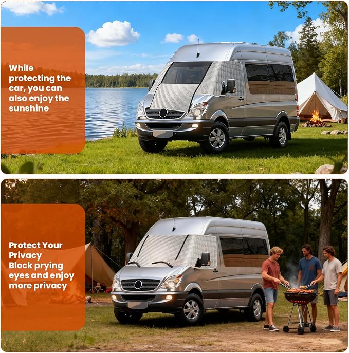 RV Windshield Window Snow Cover for Class B Dodge Mercedes Sprinter (2006-2015) for Front Window Sunshade Accessories with Mirror Cutouts, Zipper Opening rv windshield cover Silver