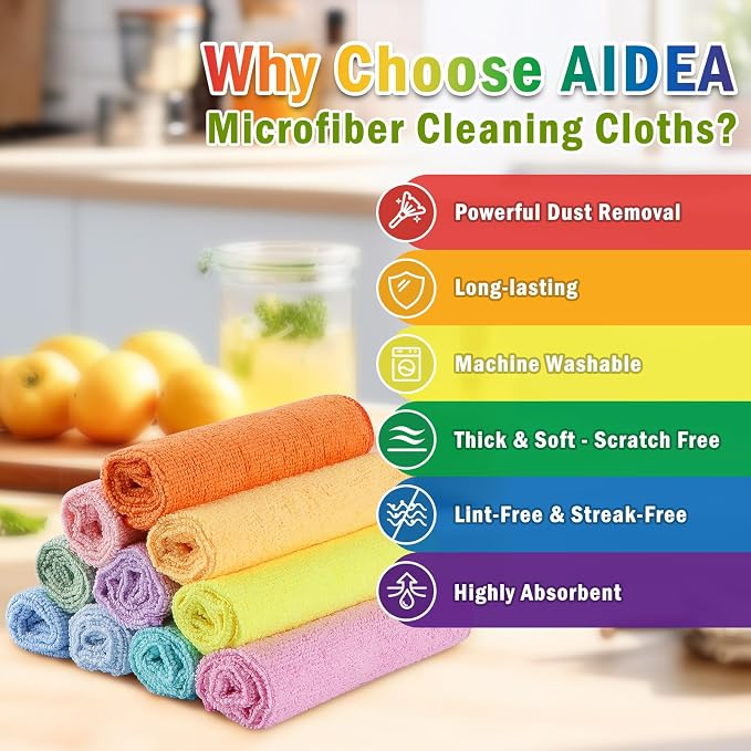 AIDEA Microfiber Cleaning Cloth, 10PK, Cleaning Rags, 11.5"×11.5" | Microfiber Towels for Cars, Lint Free Cloth, Dusting Cloth for Home, Window, Cleaning Supplies